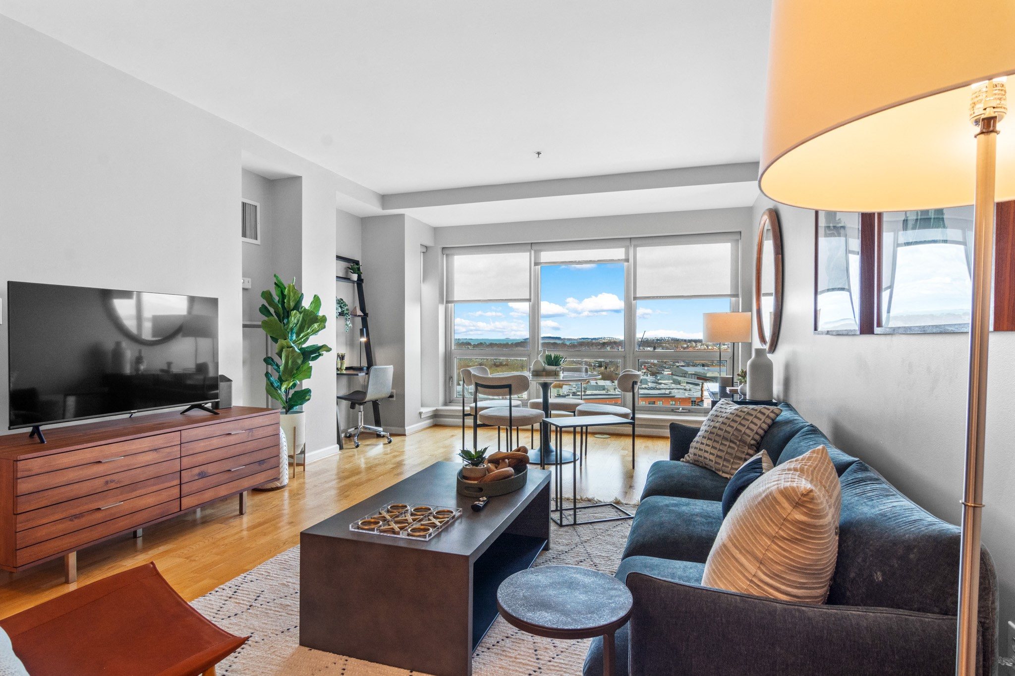 a living room with a couch and a coffee table